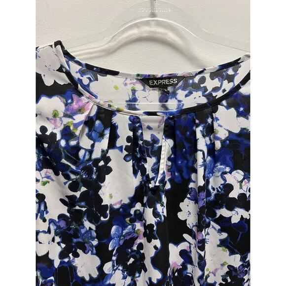 Express Top Women Medium Black Floral 3/4 Sleeve Blouse Chiffon Cut Out - Picture 12 of 14